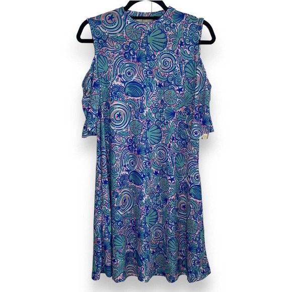 Simply Southern Seashell Print Cold Shoulder Dress Size Medium Blue Pink Stretch - Picture 9 of 9